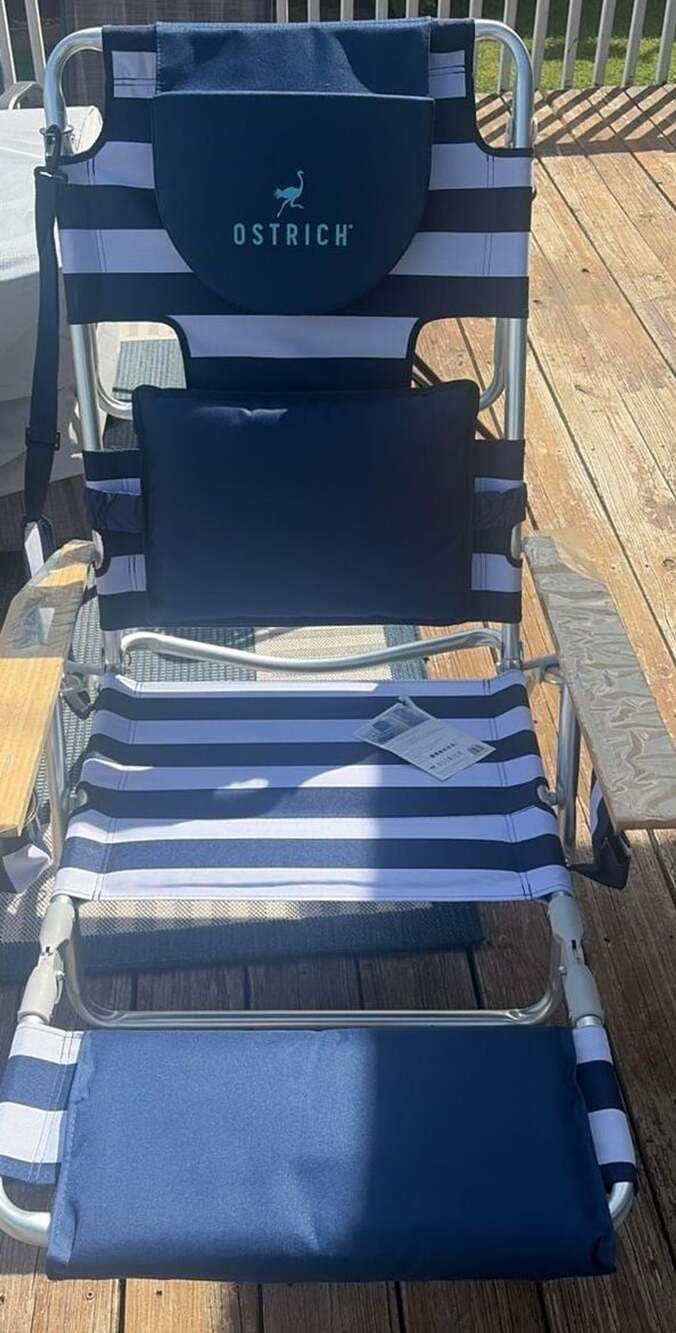 Ostrich Deluxe 3N1 Padded Beach Lounge Chair Blue Stripe w/ Footrest